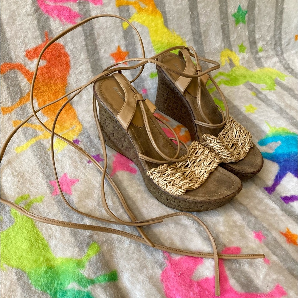 🥥Y2K Boho Bongo Lace Up Platform Wedges, size 7.5